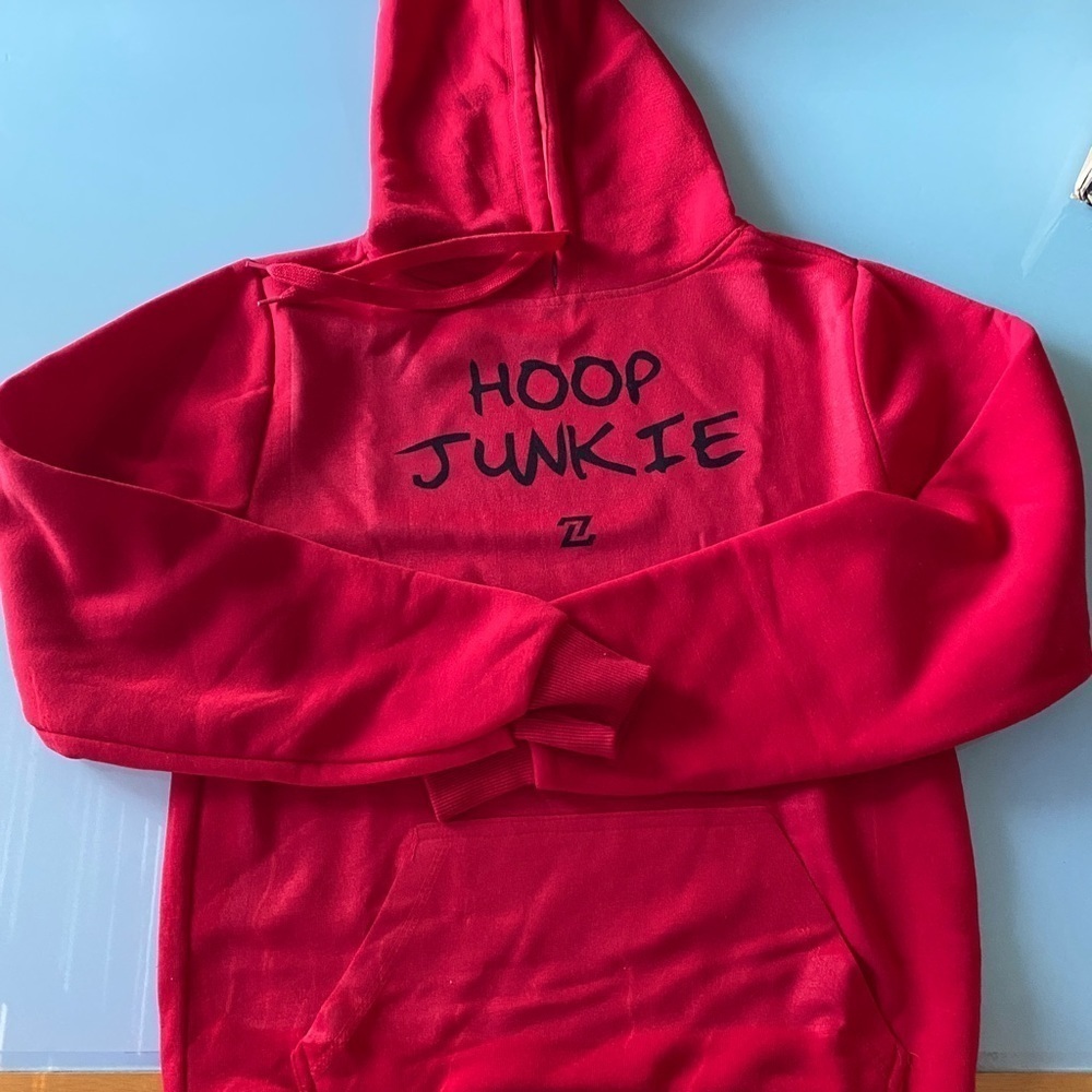 Red Long Sleeve Hoodie “Hoop Junkie by ZUUZ” Youth Medium
